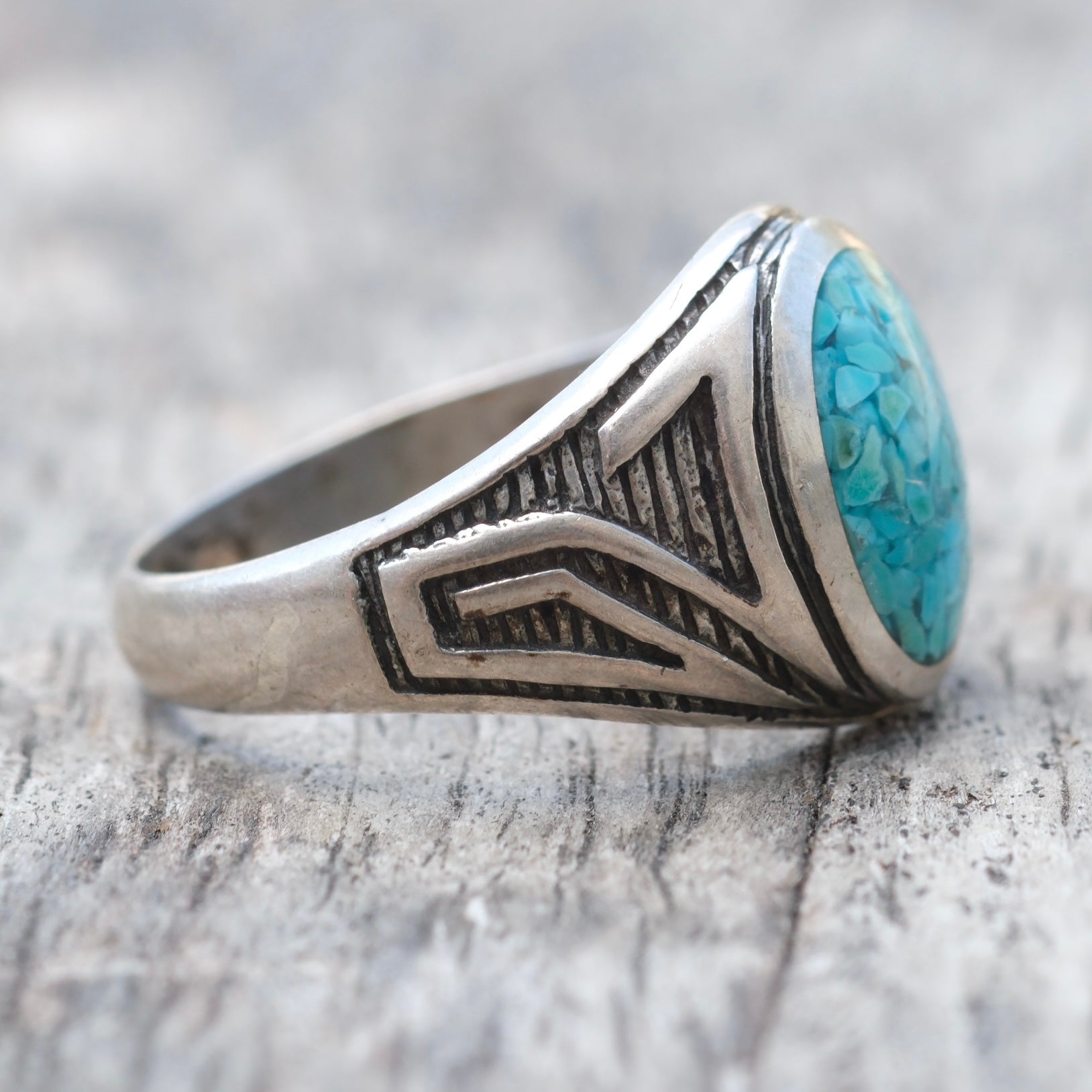 Vintage Sterling Crushed Turquoise Ring 10.75
