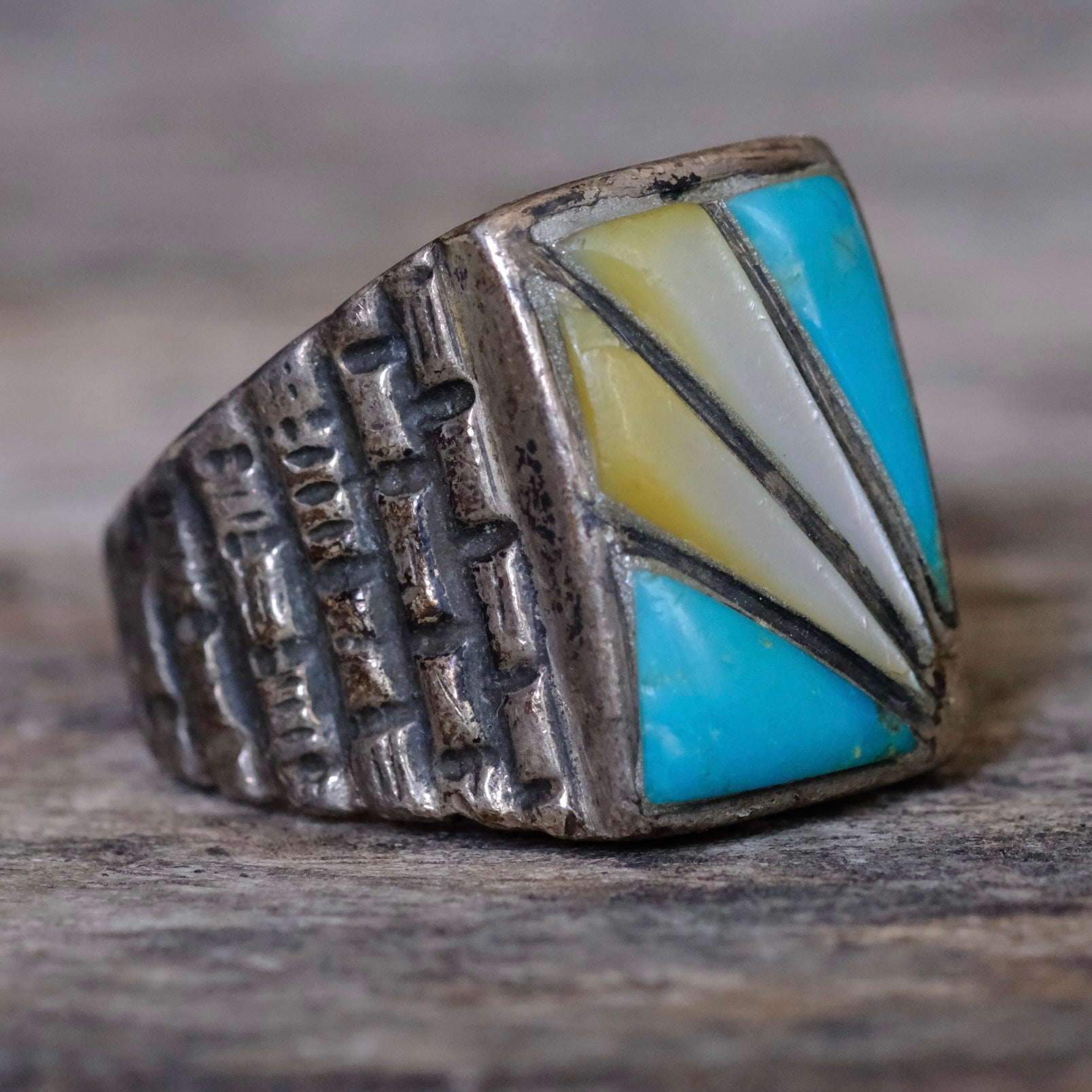 Vintage Sterling Turquoise and MOP Inlay Sunrise Ring 9