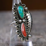 Vintage Sterling Turquoise and Coral Feather Ring 7.75