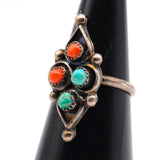 Vintage Sterling Turquoise and Coral Cluster Ring 4.5