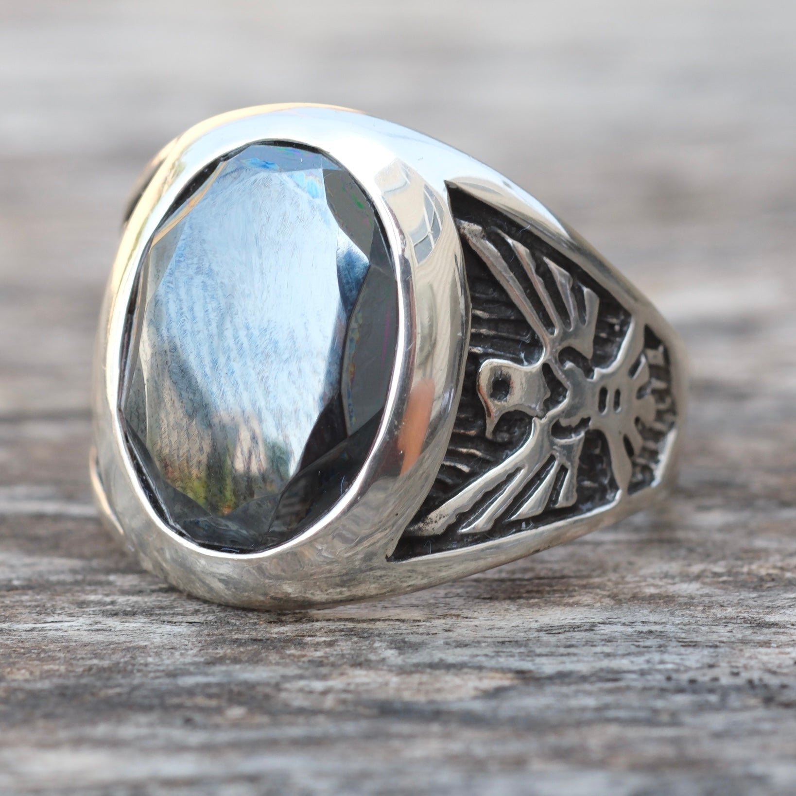 Vintage Sterling Thunderbird Hematite Ring 12.75