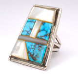 HUGE Vintage Sterling Turquoise and Mother Of Pearl Inlay Ring 5.75