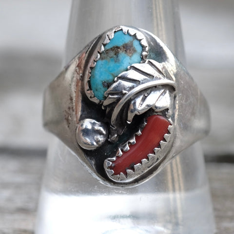 Vintage Sterling Turquoise and Coral Feather Ring 11.5