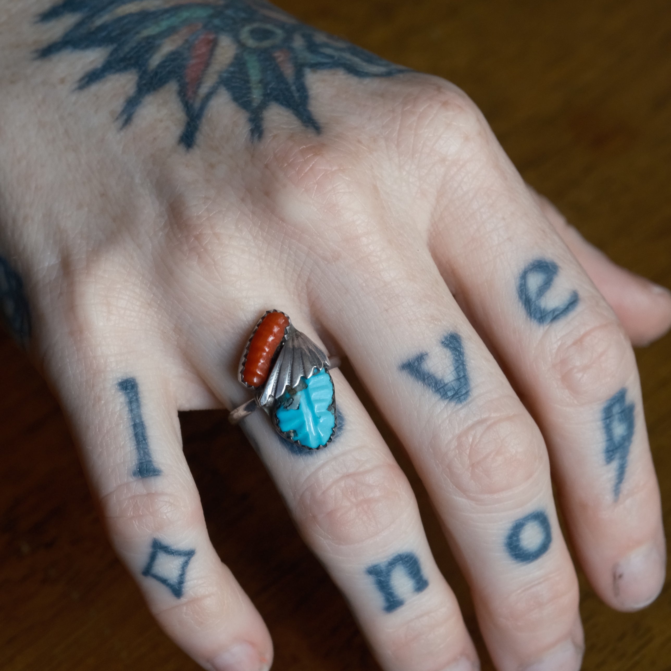 Vintage Sterling Carved Turquoise and Coral Feather Ring 6.5
