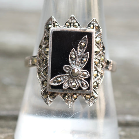 Vintage Sterling Onyx Cocktail Ring 9.75