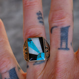 Vintage Sterling Turquoise MOP and Onyx Sunrise Inlay Thunderbird Ring 9