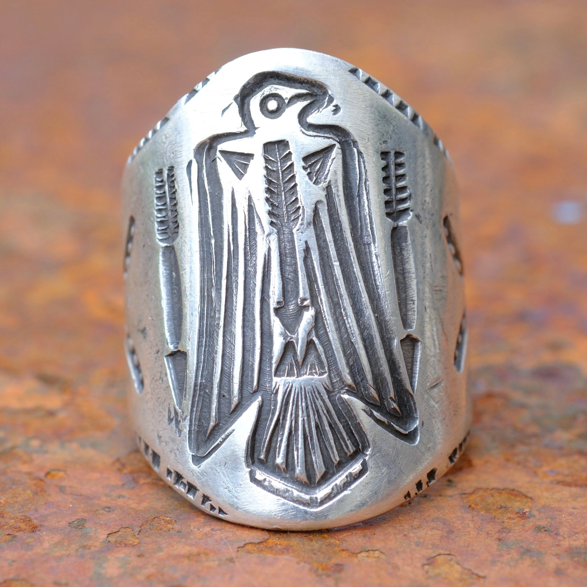 Heavy Ingot Stamped Thunderbird Cigar Band Ring 10.25