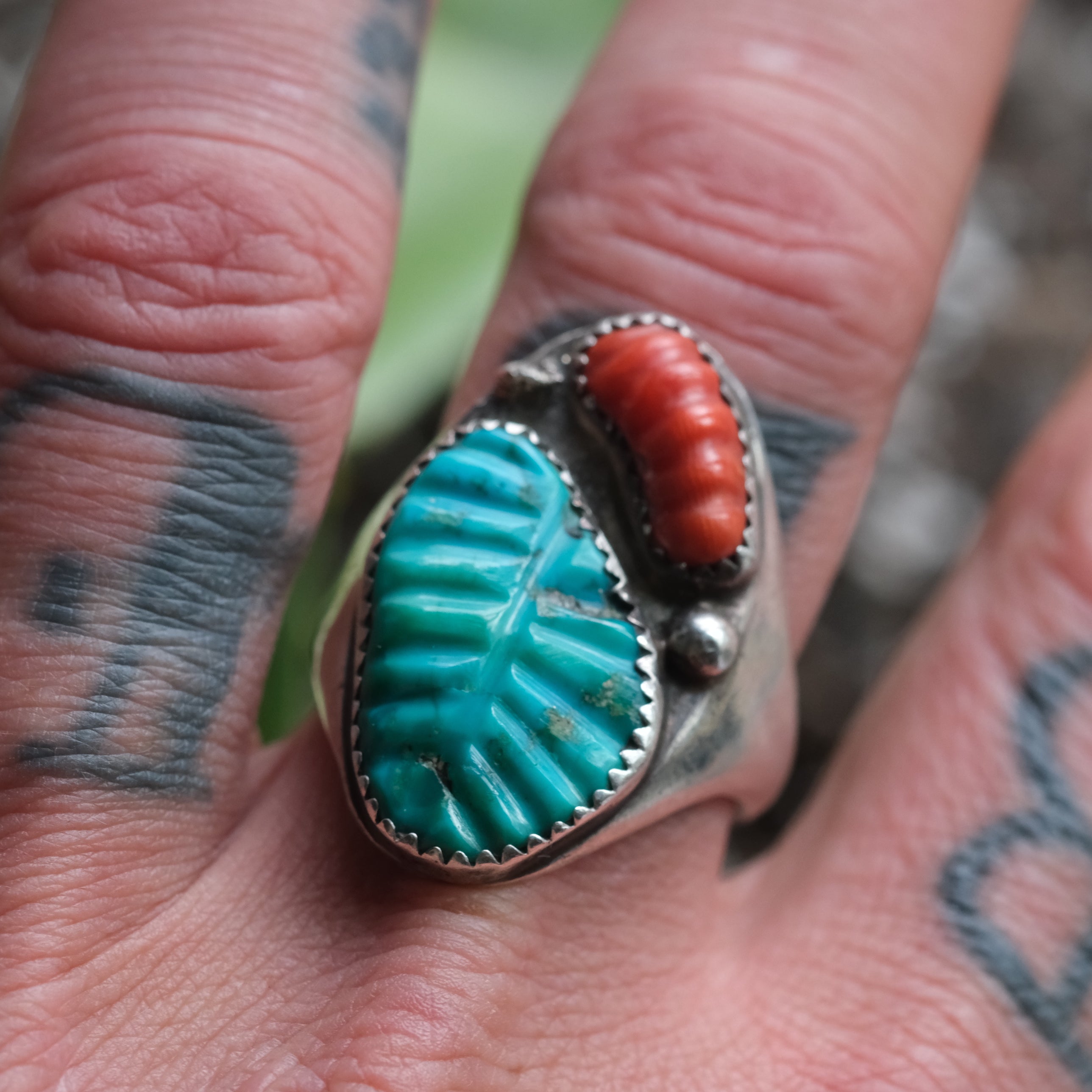 Vintage Sterling Faceted Turquoise and Coral Ring 11