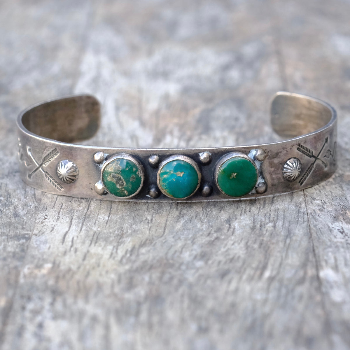 Vintage Sterling 3-Stone Turquoise Stamped Cuff Bracelet