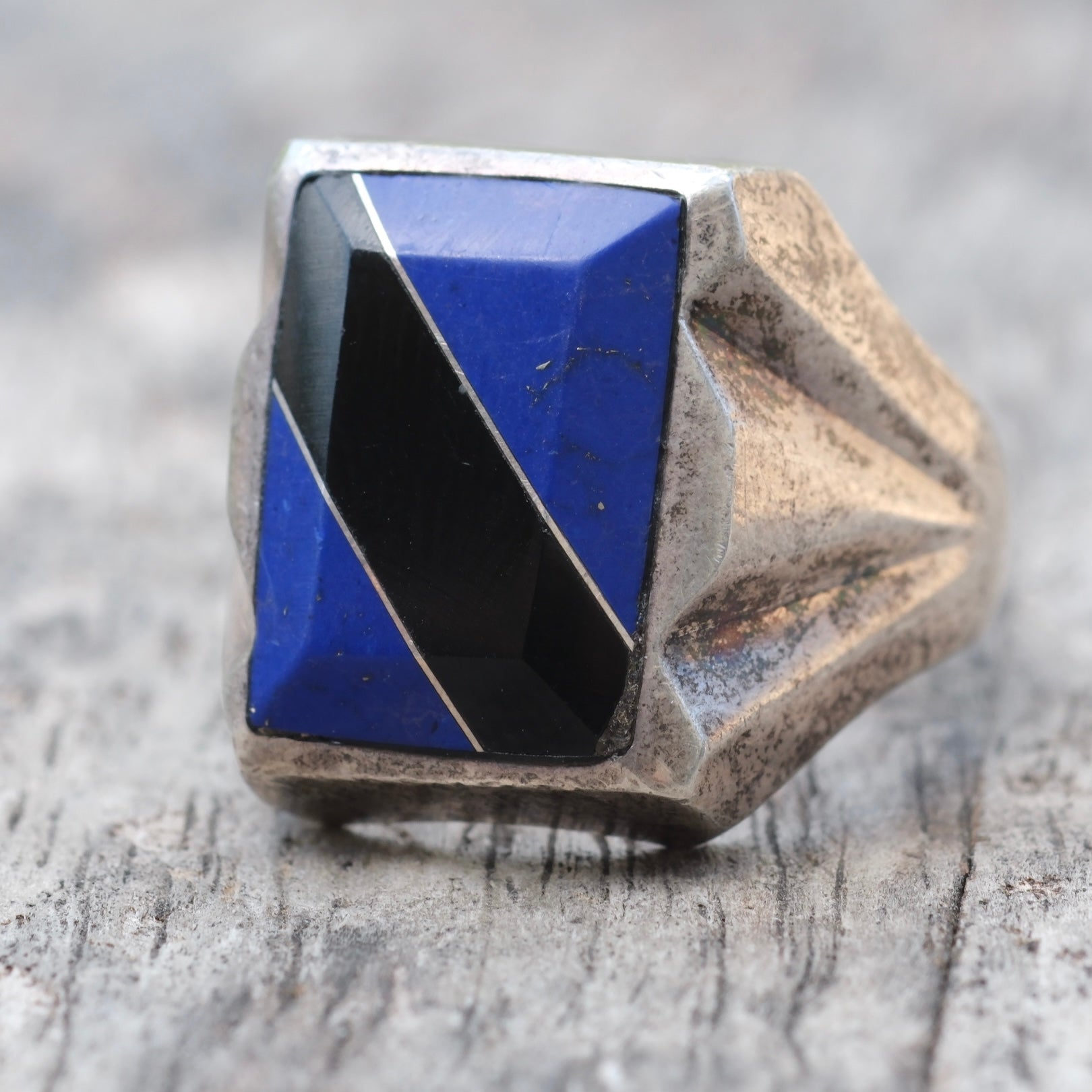 Vintage Sterling Lapis and Onyx Inlay Ring 11.5