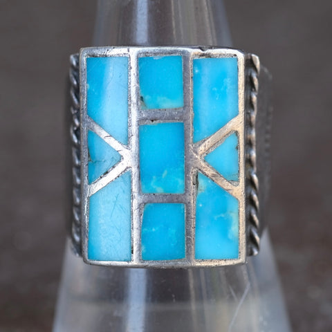 Vintage Sterling Turquoise Inlay Stamped Band Ring 9