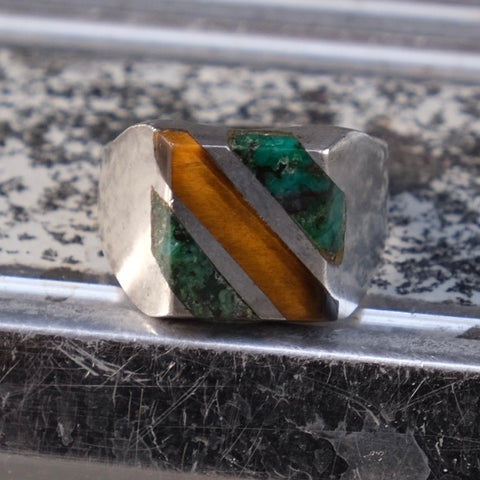 Vintage Sterling Inlay Striper Ring 10.75