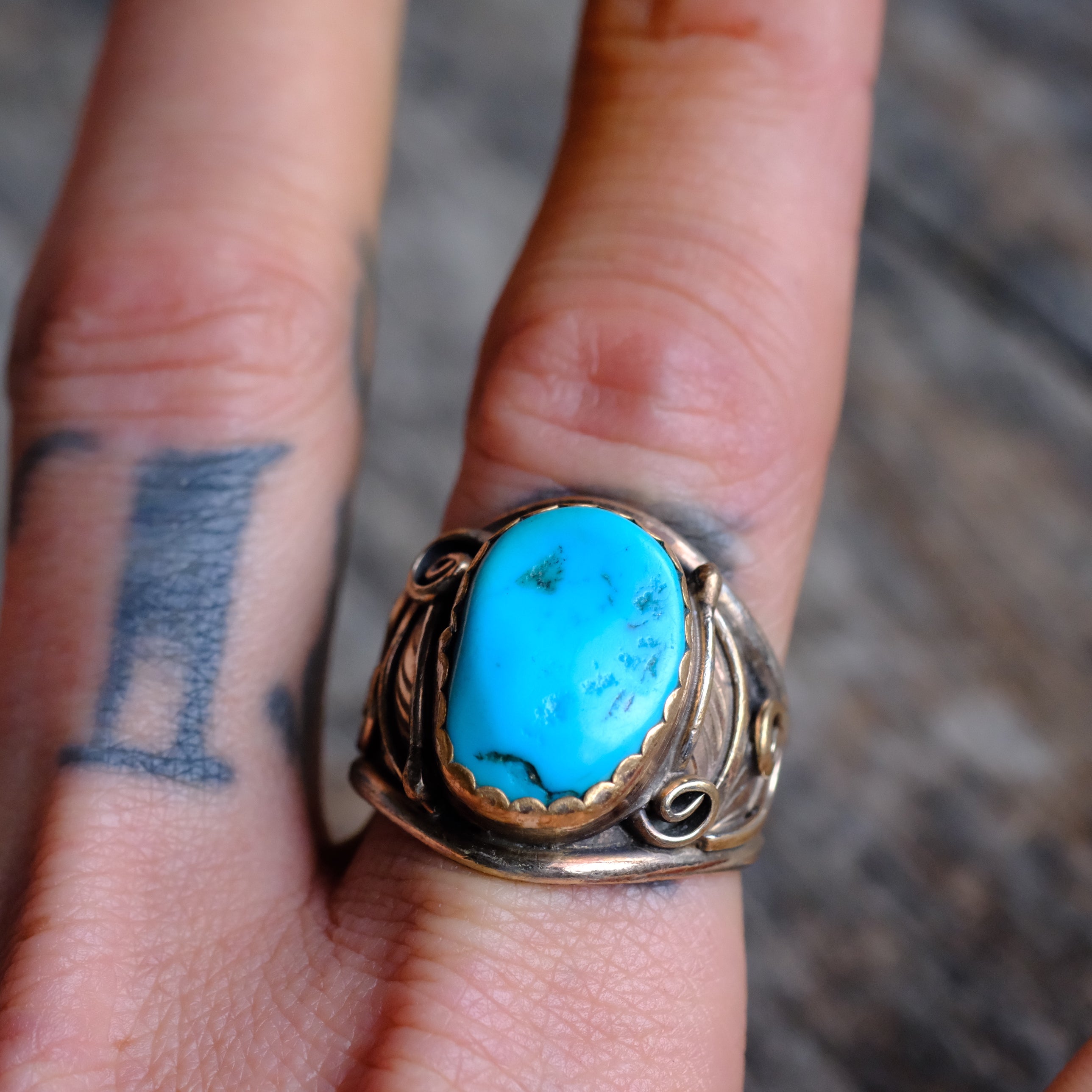 Vintage Sterling Turquoise Feather Ring 10