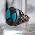 Vintage Sterling Abalone and Turquoise Thunderbird Ring 10.5