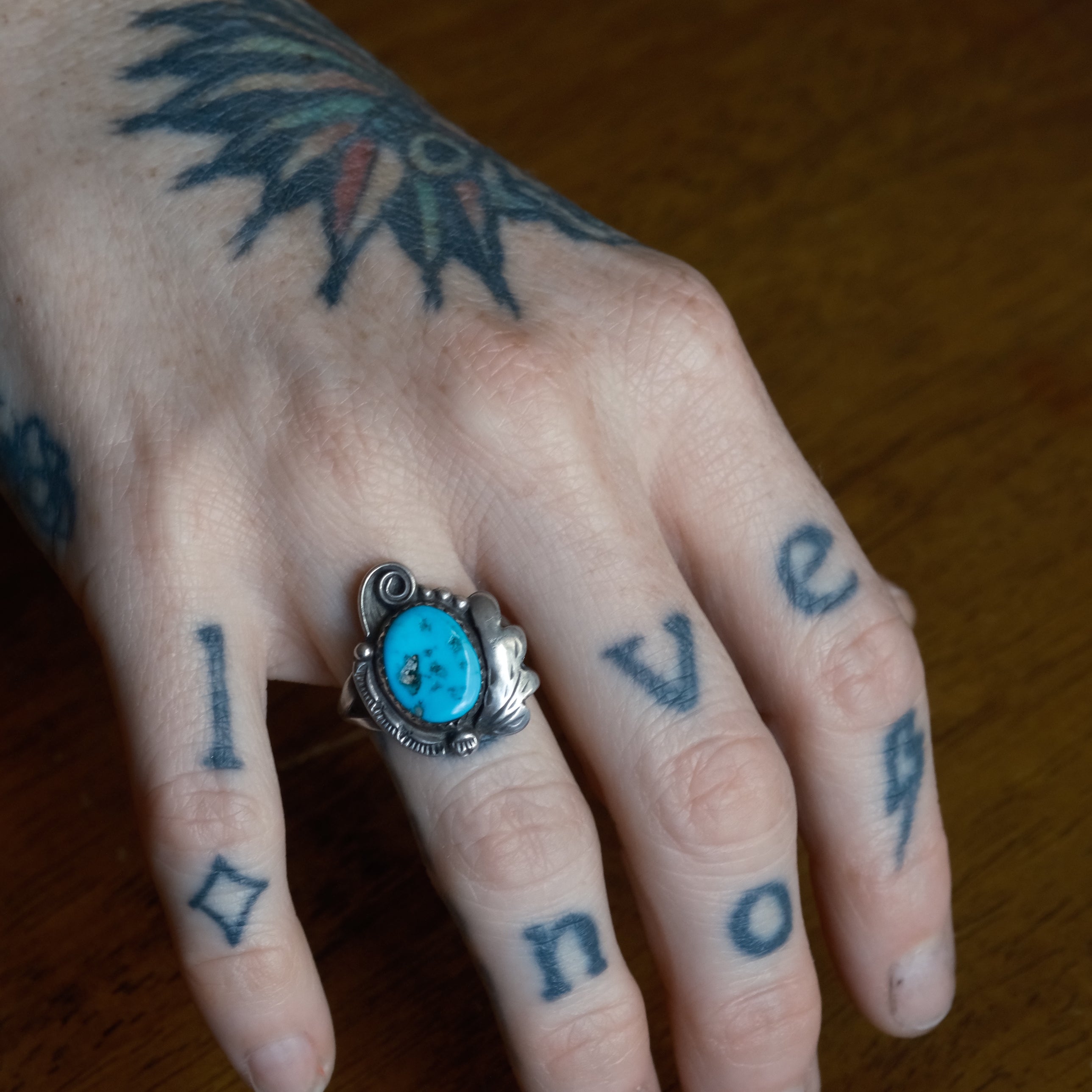 Vintage Sterling Turquoise Feather Ring 5.5