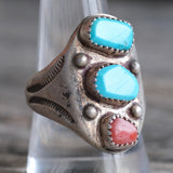 Vintage Sterling Turquoise and Coral Stamped Band Ring 10.5