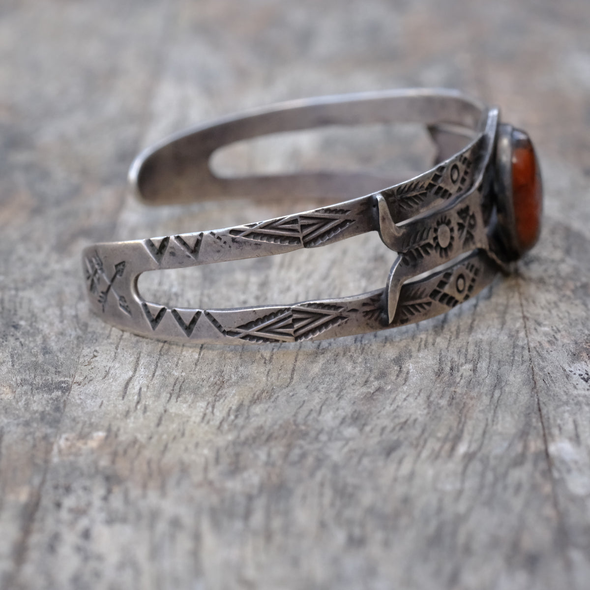 Vintage Sterling Petrified Wood Thunderbird Cuff Bracelet
