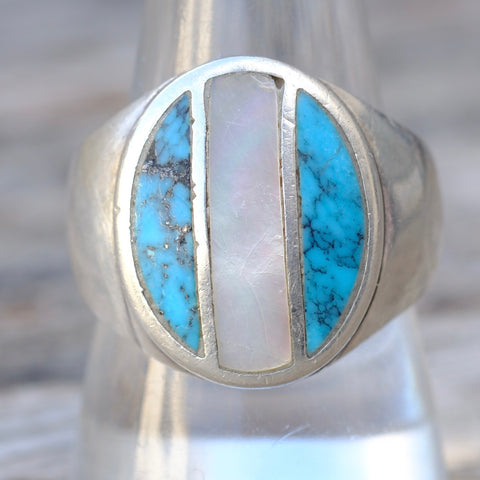 Vintage Sterling Turquoise and Mother Of Pearl Inlay Ring 10