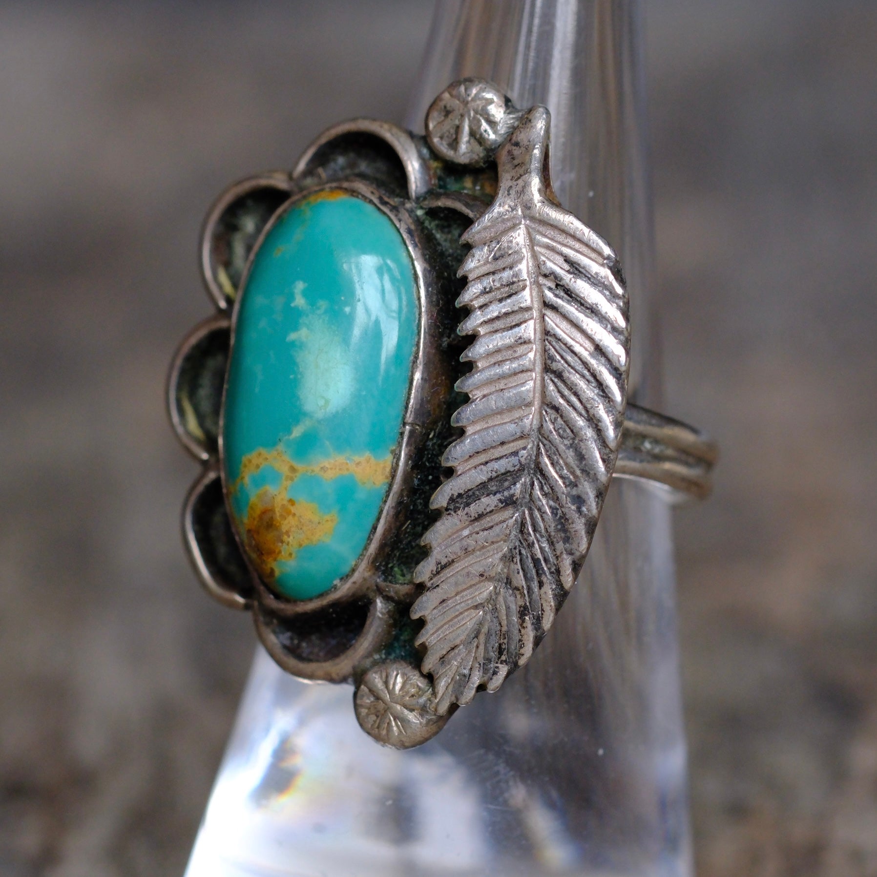 Vintage Sterling Turquoise Feather Ring 6.5