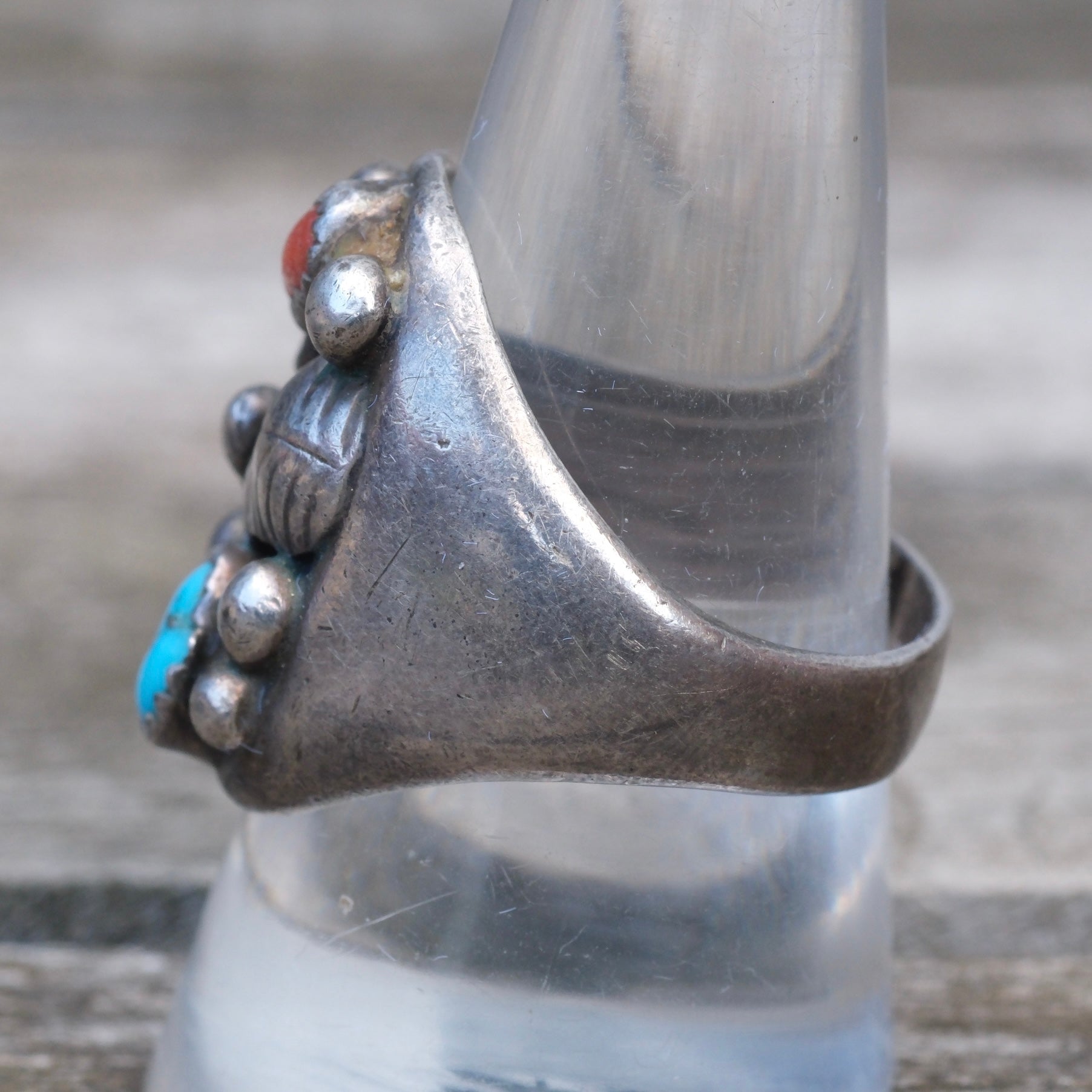 Vintage Sterling Turquoise and Coral Feather Ring 10.25
