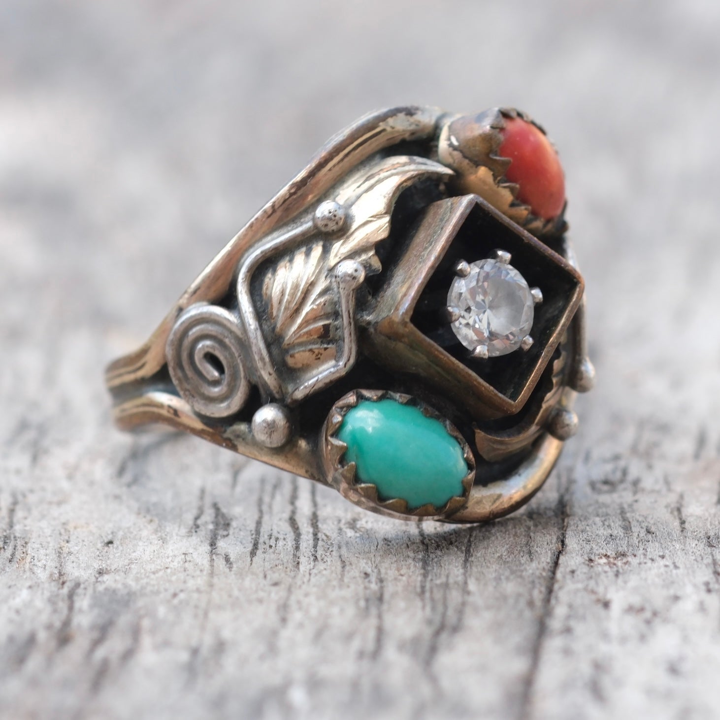 Vintage Sterling Turquoise and Coral CZ Ring 7