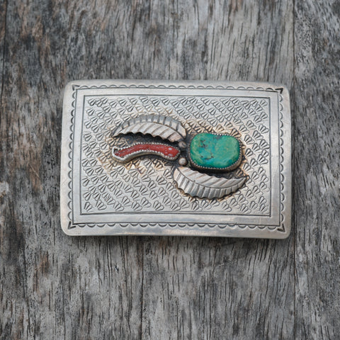 Vintage Sterling Turquoise and Coral Belt Buckle