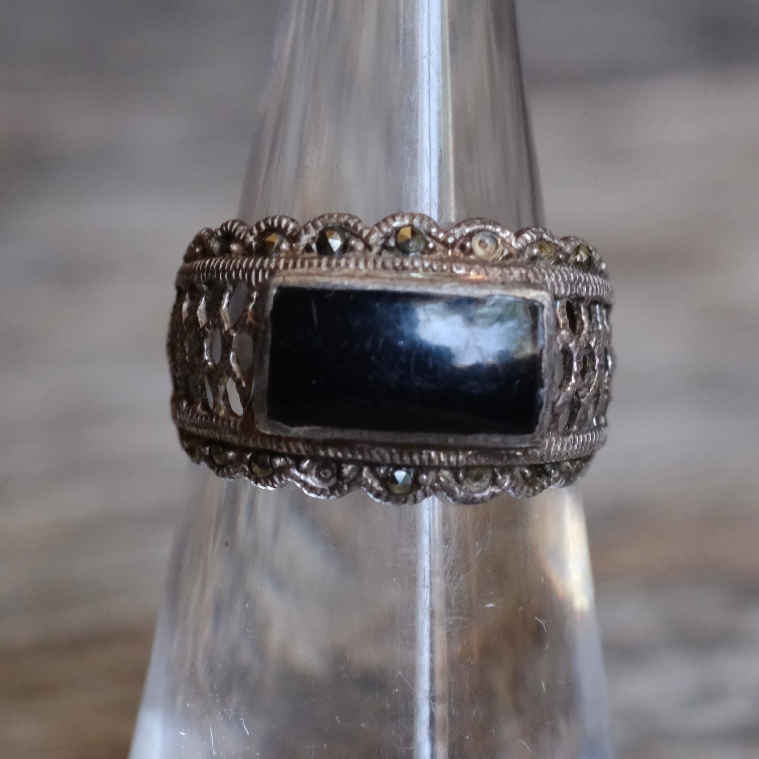 Vintage Sterling Onyx Marcasite Ring 5.5
