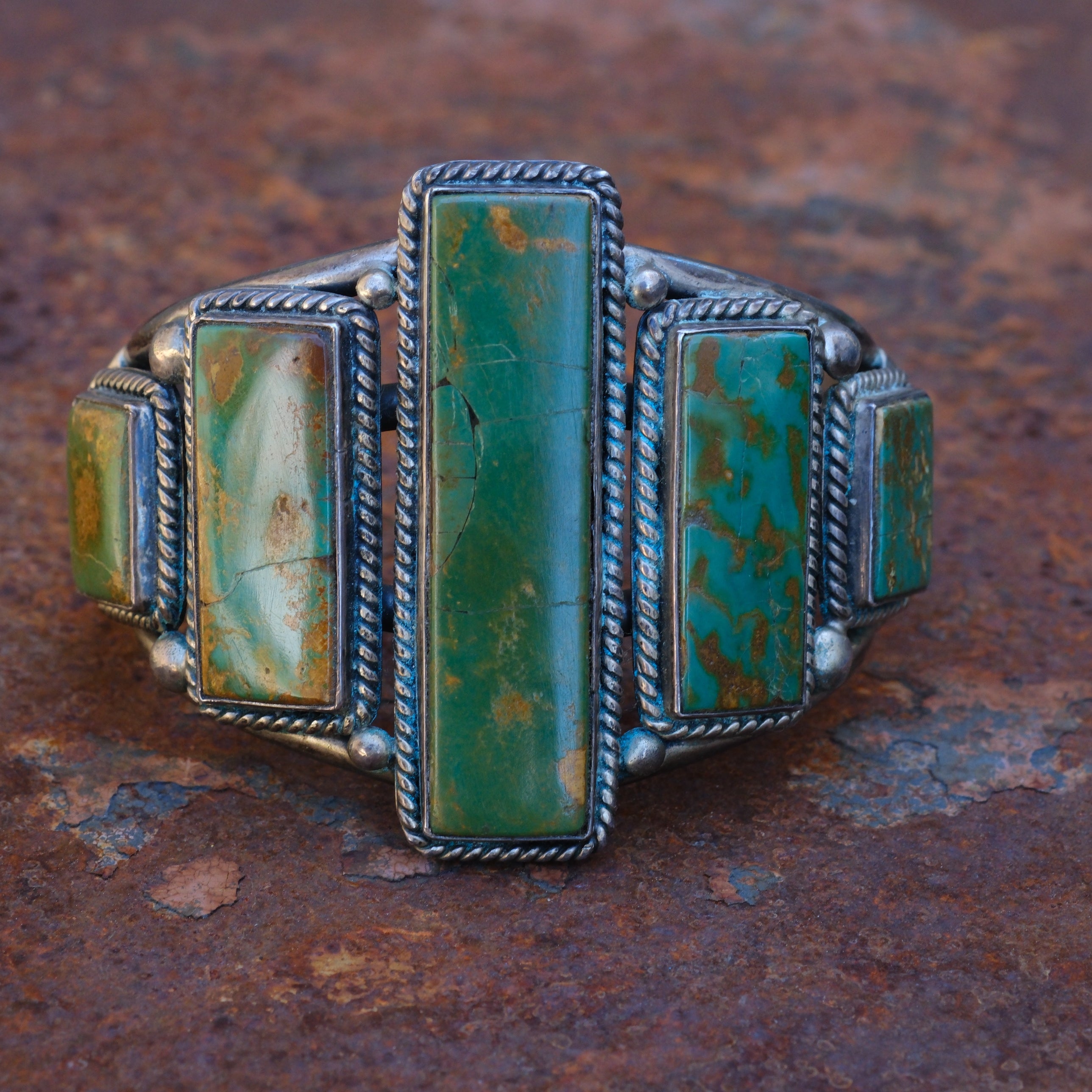 Massive Vintage Sterling 5-Stone Turquoise Roper Cuff Bracelet