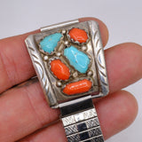 Vintage Sterling Turquoise and Coral Cluster Watch Band
