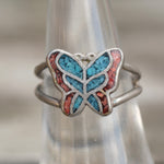 Vintage Sterling Turquoise and Coral Butterfly Ring 6.5