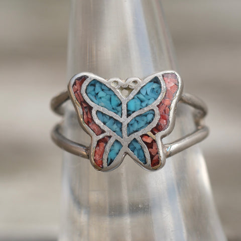 Vintage Sterling Turquoise and Coral Butterfly Ring 6.5
