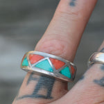 Vintage Sterling Turquoise and Coral Inlay Ring 7