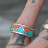 Vintage Sterling Turquoise and Coral Inlay Ring 7