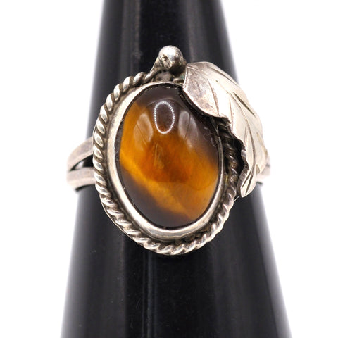 Vintage Sterling Tigers Eye Feather Ring 7