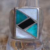 Vintage Sterling Turquoise Jet and MOP Inlay Ring 10.5