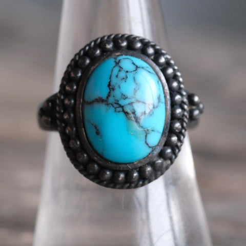 Vintage Sterling Turquoise Roper Ring 8