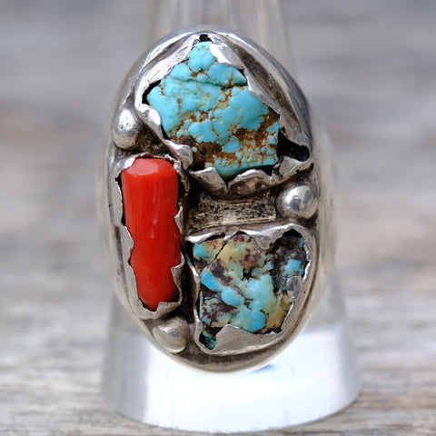Vintage Sterling Turquoise and Coral Ring 10.75