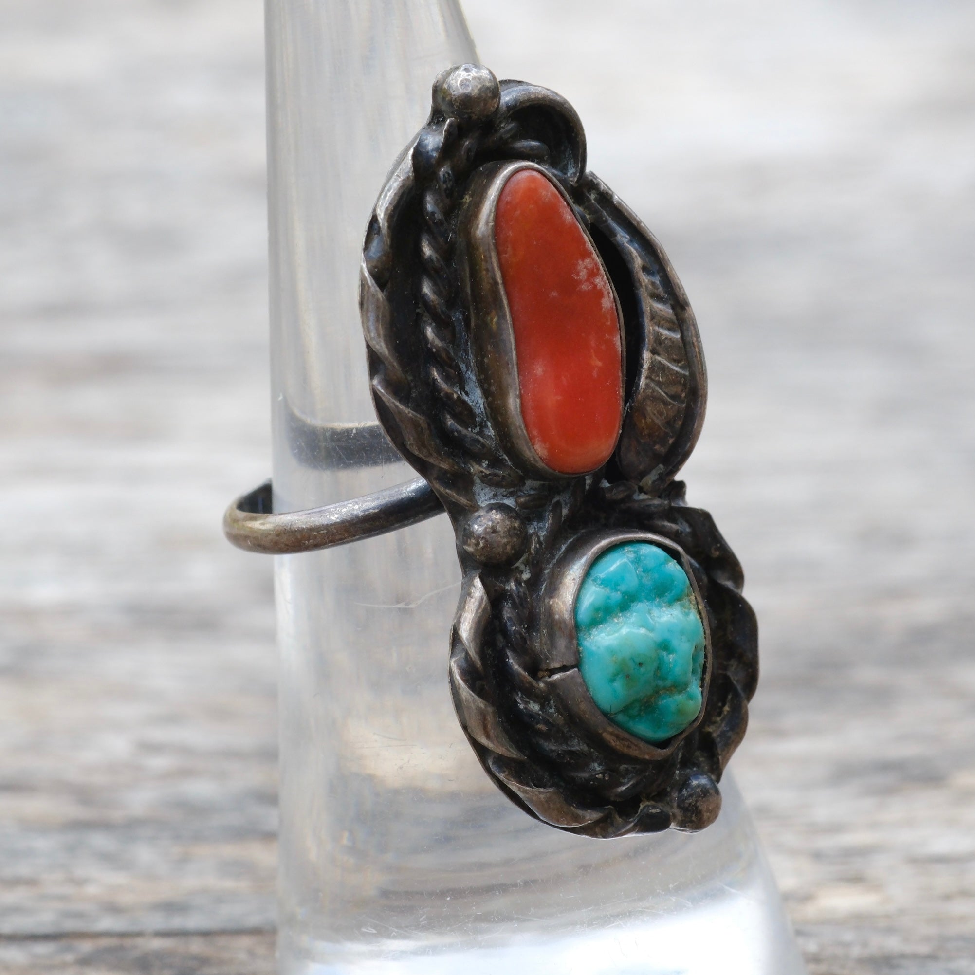 Vintage Sterling Turquoise and Coral Feather Ring 7.25