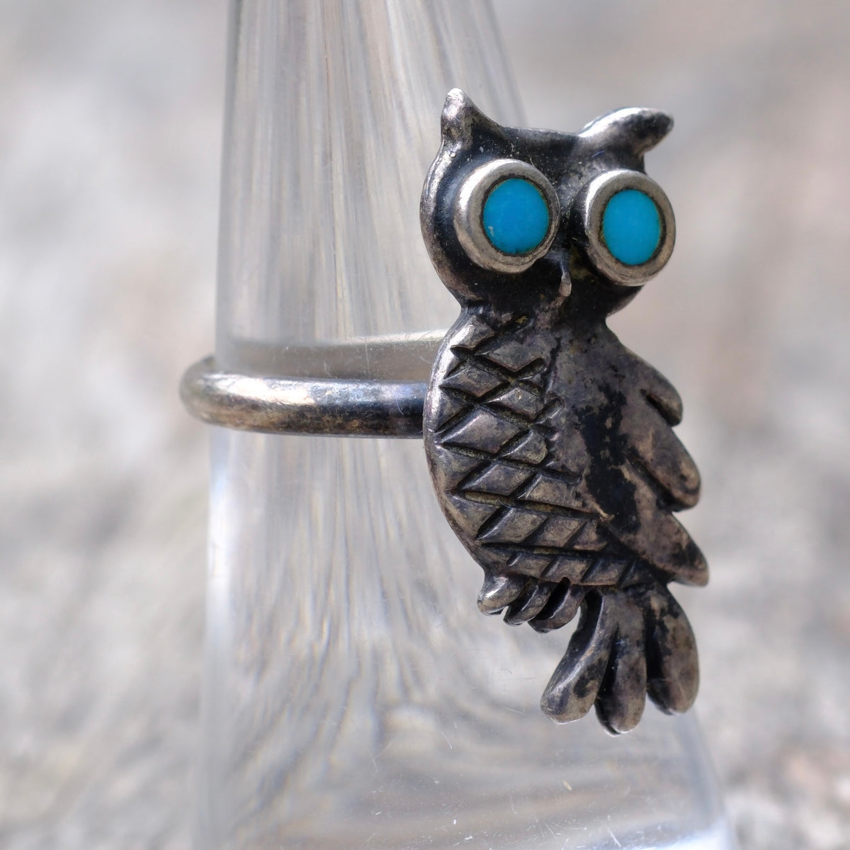 Vintage Sterling Turquoise Owl Ring 6.5