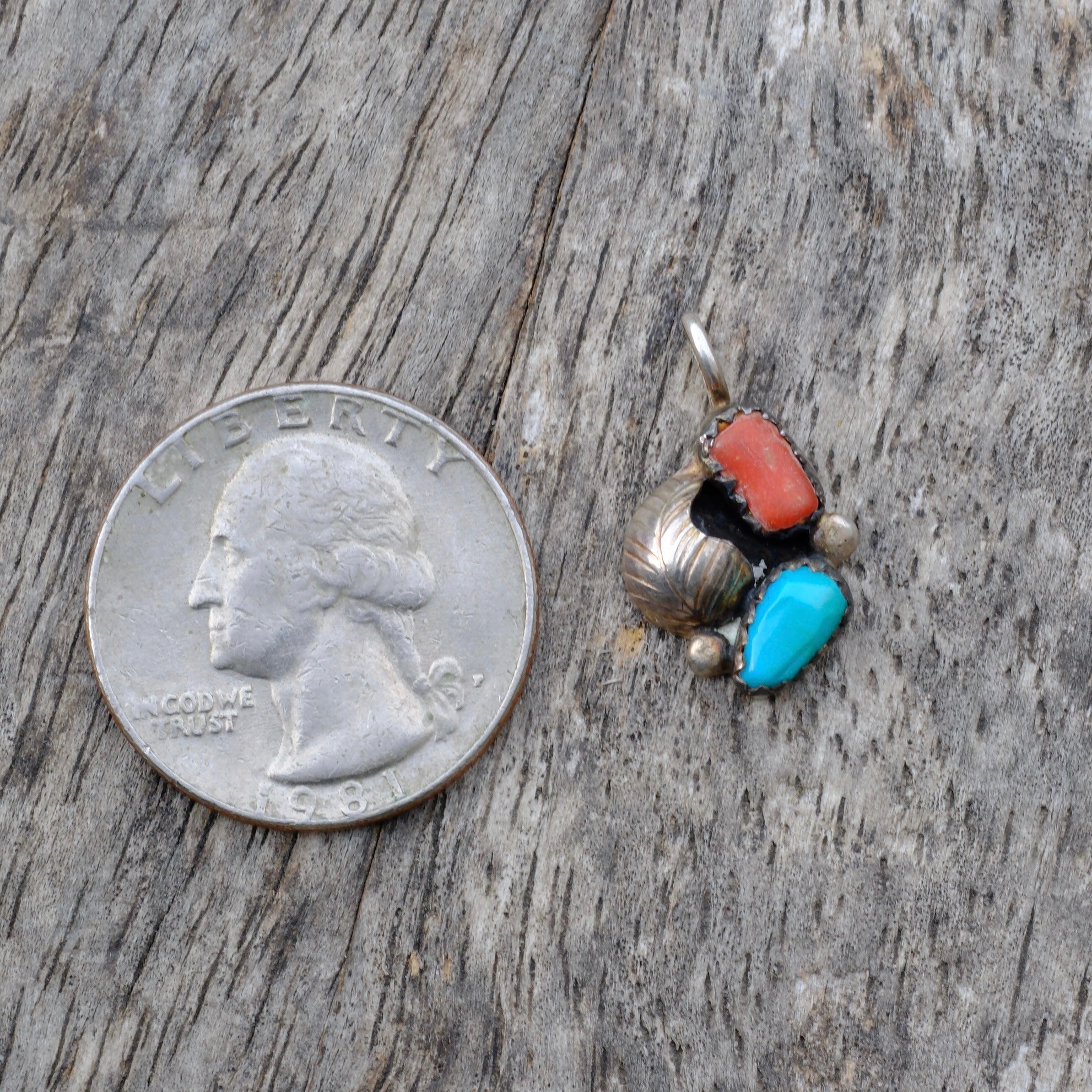 Vintage Sterling Turquoise and Coral Feather Pendant
