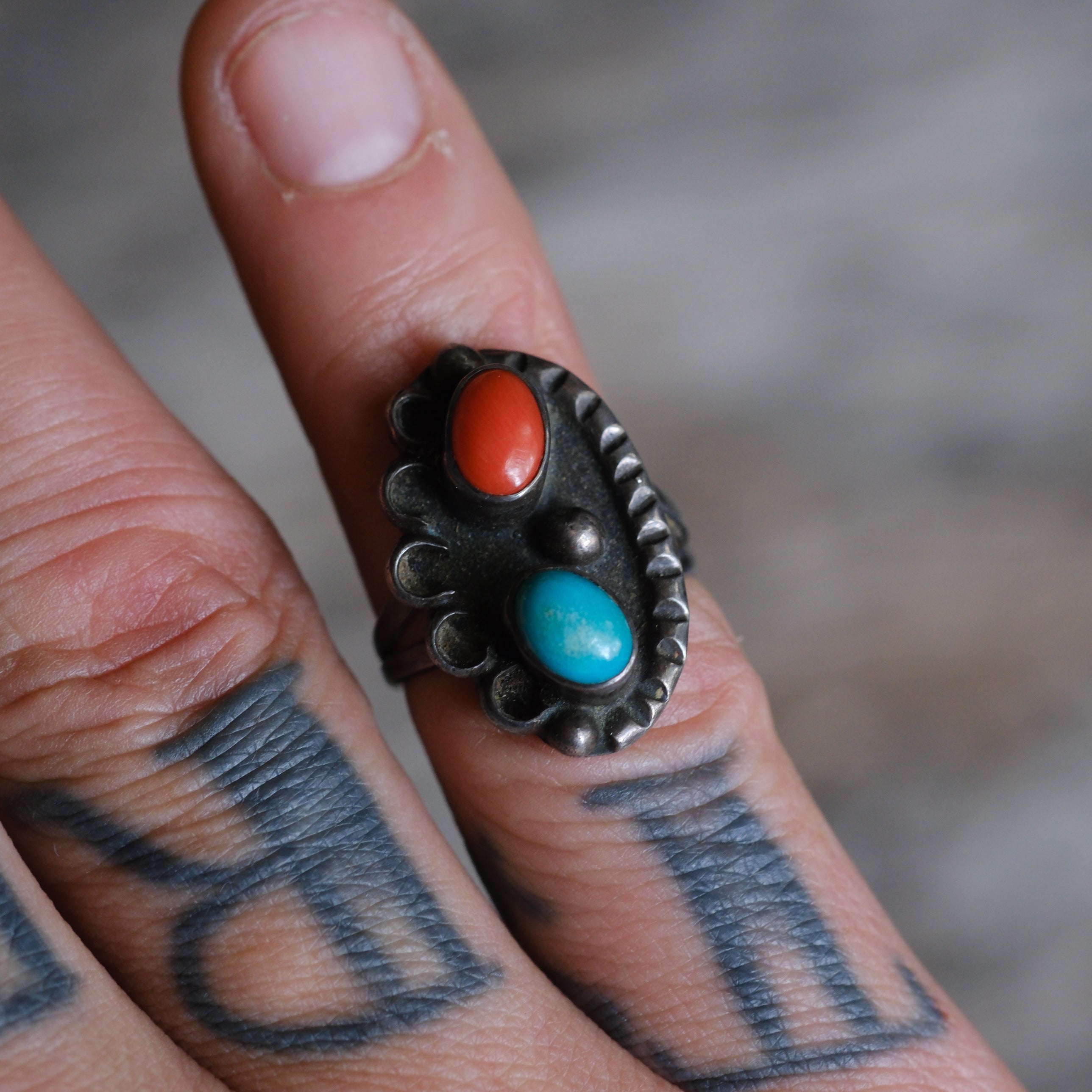 Vintage Sterling Turquoise and Coral Feather Ring 4.75