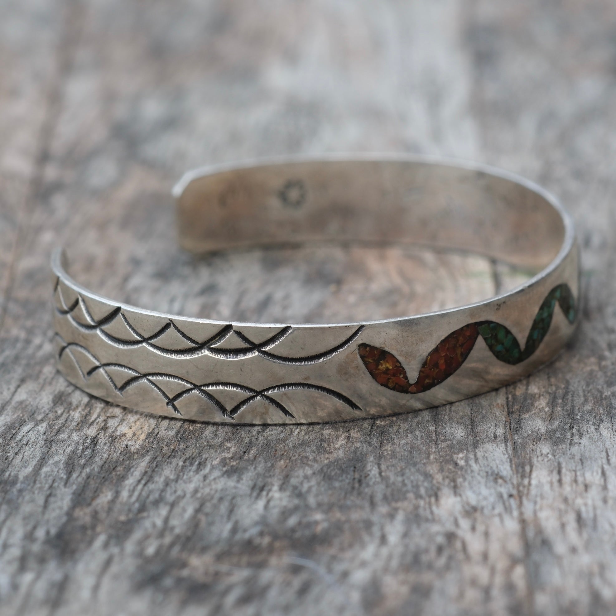 Vintage Sterling Turquoise and Coral Inlay Cuff Bracelet