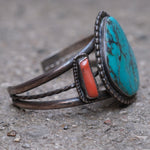 Vintage Sterling Turquoise and Coral Cuff