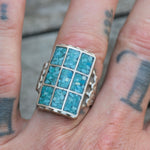 Vintage Sterling Crushed Turquoise Inlay Panel Ring 10.5