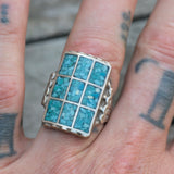 Vintage Sterling Crushed Turquoise Inlay Panel Ring 10.5