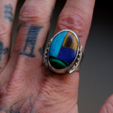 Vintage Sterling Multisistone Inlay Feather Ring 12