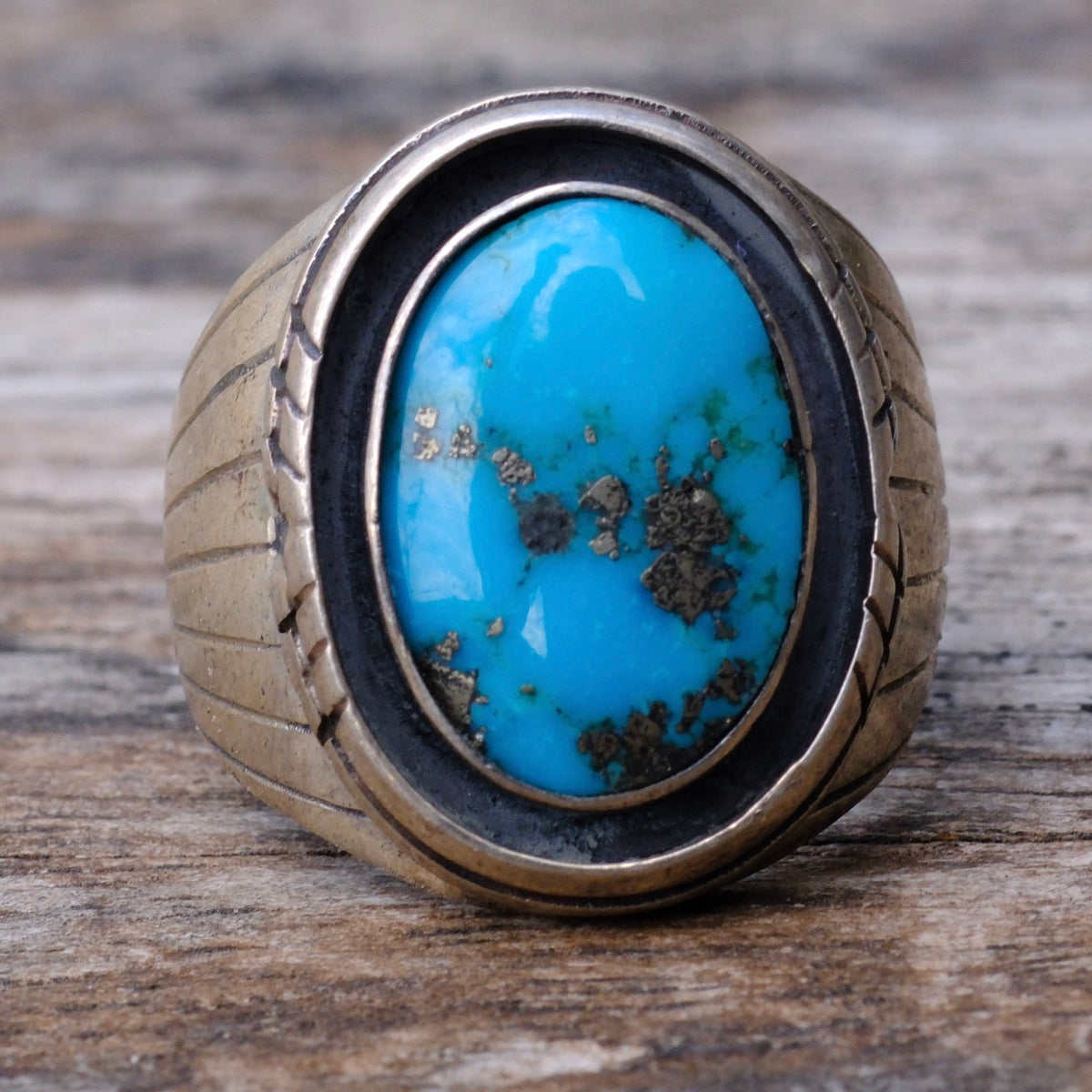 Vintage Sterling Turquoise Ribbed Band Ring 9