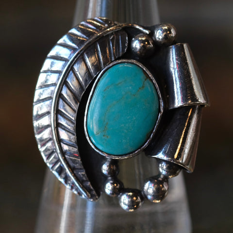 Vintage Sterling Turquoise Feather Ring 9.5