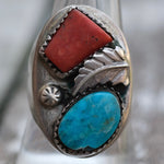 Vintage Sterling Turquoise and Coral Feather Ring 11.25