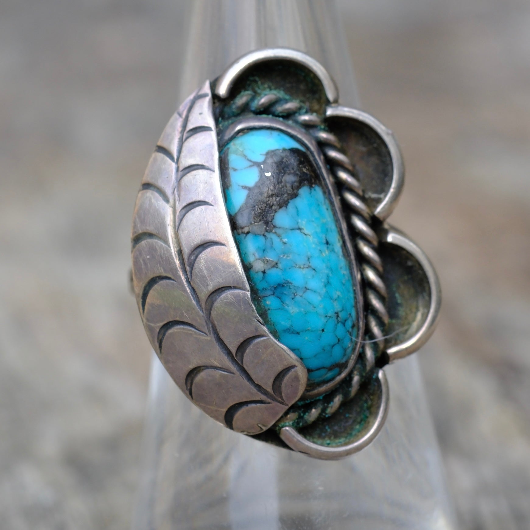 Vintage Sterling Turquoise Feather Ring 7